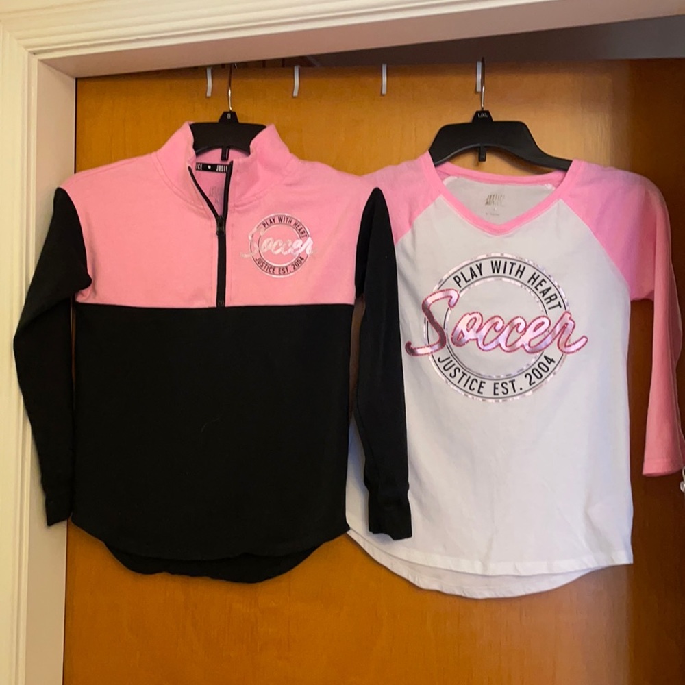 Justice Active size 10 pullover and long sleeve tee. Soccer theme